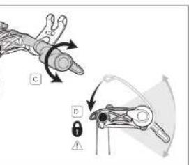 Diagram illustrating mechanical assembly steps with labeled components A, B, C and directional arrows indicating motion