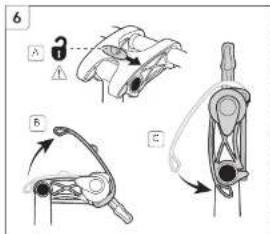 Technical diagram illustrating mechanical assembly steps with labeled components A, B, C and directional arrows