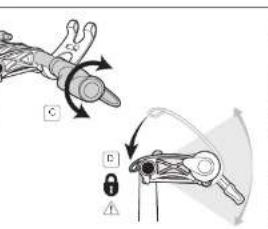 Diagram illustrating mechanical assembly steps with labeled components A, B, C and directional arrows indicating motion