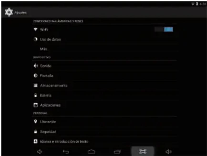 Ajustes CONEXIONES INÁMERICAS Y RIDES Wi-Fi Uso de datos Más... dispositivo Sonido Pantalla Almacenamiento Barenta Aplicaciones PERSONAL Ubicación Seguridad Idioma e introducción de texto