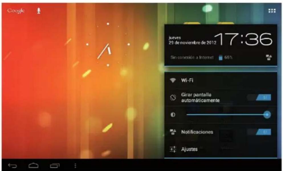 Google jueves 17:36 29 de noviembre de 2012 Sin conexión a Internet 65% Wi-Fi Girar pantalla automáticamente 0 Notificaciones Ajustes