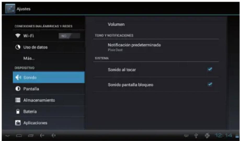 Ajustes CONEXIONES INALÁMBRICAS Y REDES Wi-Fi NO Uso de datos Más... DISPOSITIVO Sonido Pantalla Almacenamiento Batería Aplicaciones Volumen TONO Y NOTIFICACIONES Notificación predeterminada Pixie Dust SISTEMA Sonido al tocar Sonido pantalla bloqueo