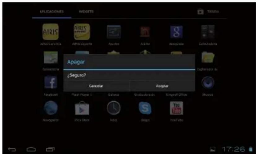 APPLICACIONES WIDGETS TRENDA AIRIS AIRIS Galleria Airis Sogurix Ajoute Ajute Zanquada Cataladina Apagar Seguro? Cancelar Aseptar Facebook Flash Player 1 Galicia Shrubadora de Kingsoft Office Music Navigator Play Store Hello! Snap YouTube