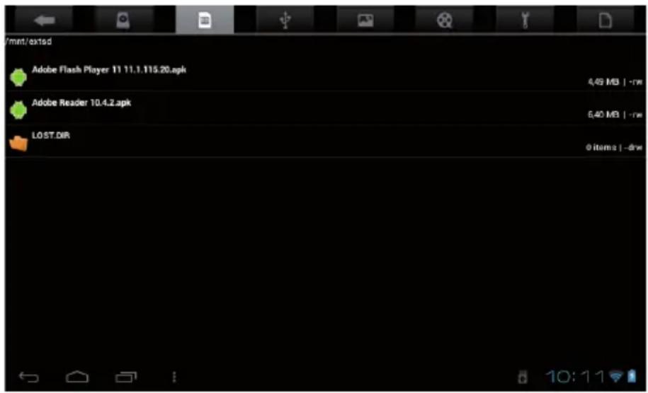 /mnt/exted Adobe Flash Player 11 11.1.115.20.apk 4.49 MB | -rw Adobe Reader 10.4.2.apk 6.40 MB | -rw LOST.DIR 6 items | -drw