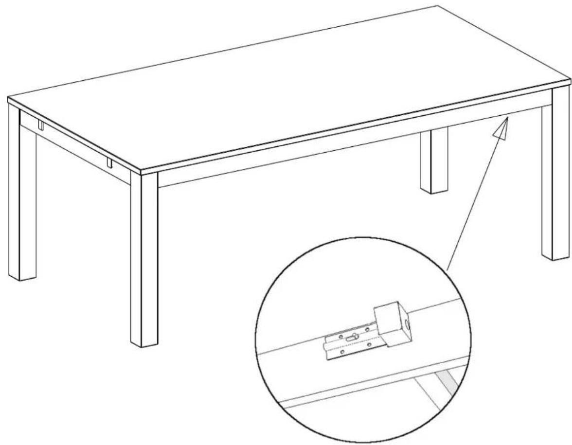 Line drawing of a rectangular table with four legs and a magnified inset showing a small mechanical component (no text or symbols)