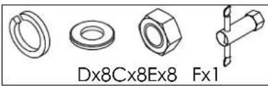 Technical drawings of four mechanical parts: a flanged nut, a hexagonal nut, a bolt with crosshairs, and a fastener (no text or symbols on the parts themselves)
