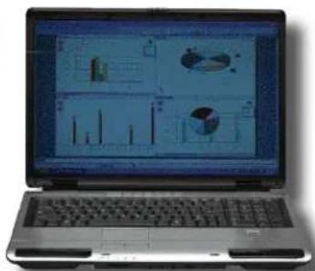 Laptop screen displaying a multi-panel chart interface with charts and graphs, likely for data visualization or analysis.