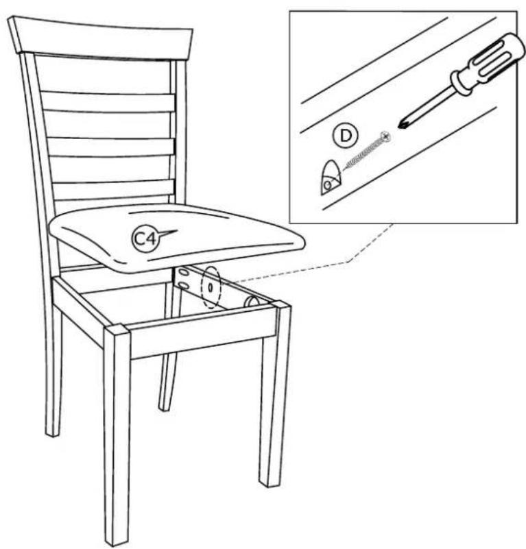 Technical diagram showing a chair with labeled components and a close-up of a screwdriver tool with a small inset image.