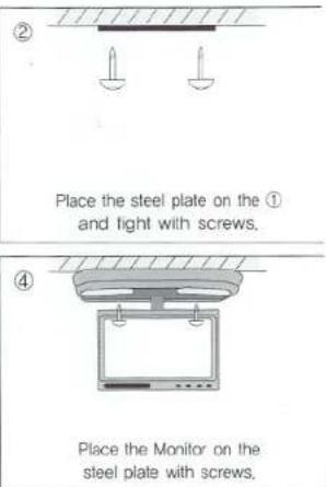 Place the steel plate on the ① and light with screws. Place the Monitor on the steel plate with screws.