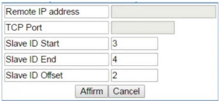 Remote IP address TCP Port Slave ID Start 3 Slave ID End 4 Slave ID Offset 2 Affirm Cancel