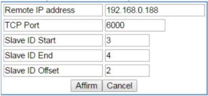 Remote IP address 192.168.0.188 TCP Port 6000 Slave ID Start 3 Slave ID End 4 Slave ID Offset 2 Affirm Cancel