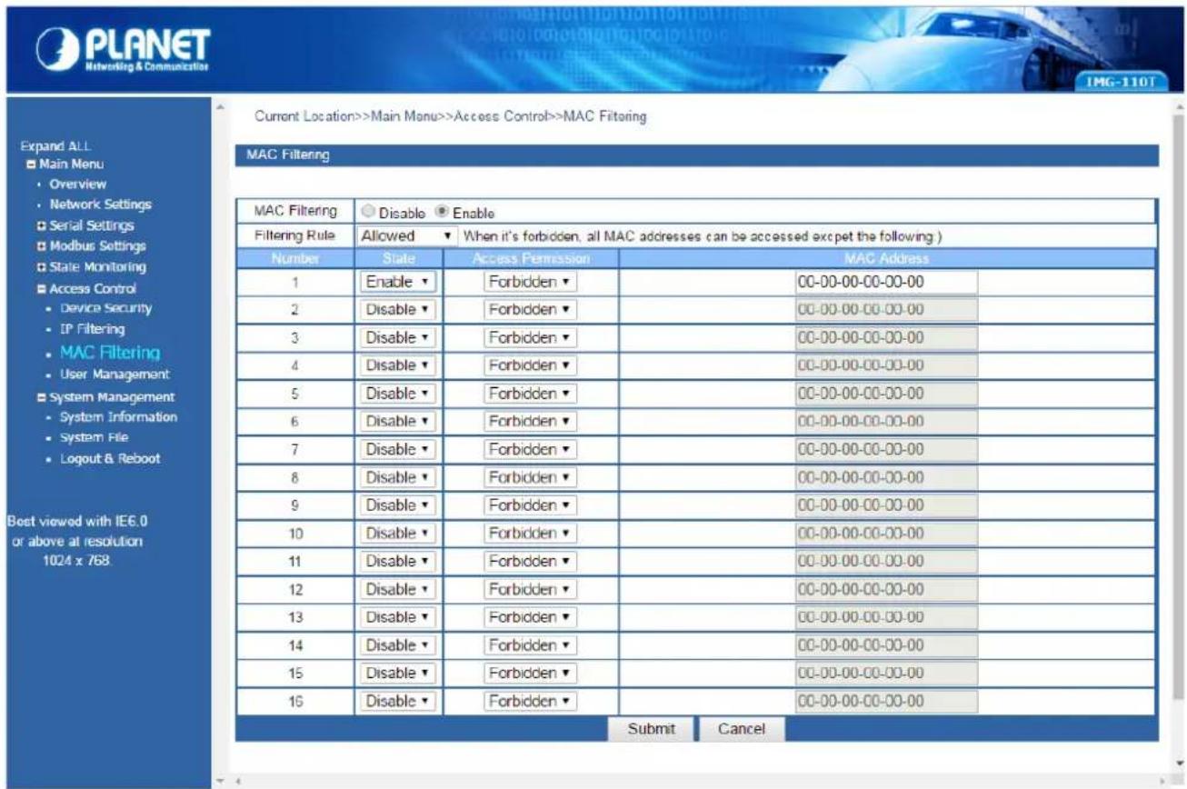 PLANET Networking & Communication Current Location>>Main Menu>>Access Control>>MAC Filtering Expand ALL ■ Main Menu • Overview • Network Settings □ Serial Settings □ Modbus Settings □ State Monitoring ■ Access Control • Device Security • IP Filtering MAC Filtering • User Management ■ System Manageme…