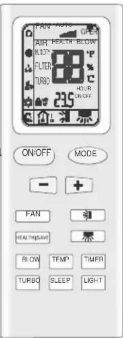 PAN AUTO OPER AIR PETH R BLOW MUTY P FILTER C TURBO HOUR ON/OFF ON/OFF MODE - + FAN HEALTHSAW BLOW TEMP TIMER TURBO SLEEP LIGHT