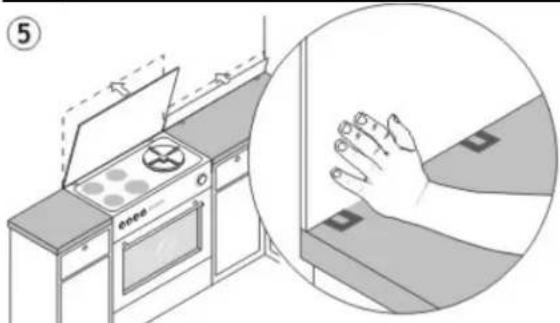 Illustration showing a kitchen appliance with a fan on top and hand reaching toward a surface, labeled with number 5.