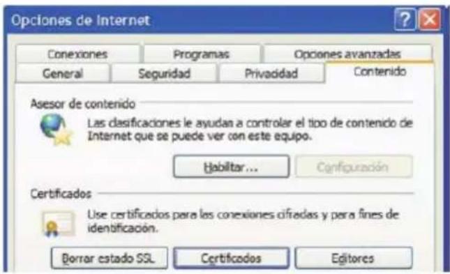 Opciones de Internet Conexiones Programas Opciones avanzadas General Seguridad Privacidad Contenido Asesor de contenido Las clasificaciones le ayudan a controlar el tipo de contenido de Internet que se puede ver con este equipo. Habitar... Configuración Certificados Use certificados para les conexiones cifriedas y para fines de identificación. Borrar estado SSL Certificados Editores