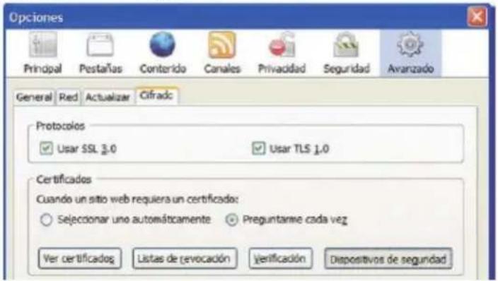 Opciones Principal Pestañas Centerido Canales Privacidad Seguridad Avanzado General Red Actualizar Cifradc Protocols Usar SSL 3.0 Usar TLS 1.0 Certificados Cuando un sitio web requiera un certificado: Sejecionar uno automáticamente Preguntarme cada vez Ver certificados Listas de revocación Verificación Dispositivos de seguridad