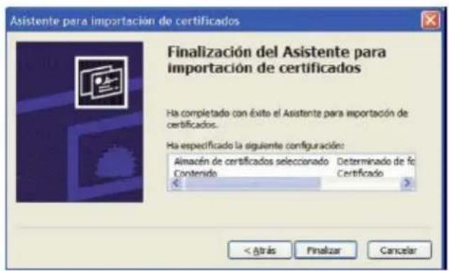 Asistente para importación de certificados Finalización del Asistente para importación de certificados Ha completado con éxito el Asistente para importación de certificados. Ha especificado la siguiente configuración: Almacén de certificados seleccionado Determinado de fo Contenido Certificado < ><>