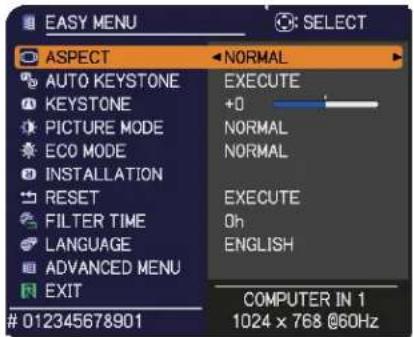 EASY MENU ASPECT AUTO KEYSTONE KEYSTONE PICTURE MODE ECO MODE INSTALLATION RESET FILTER TIME LANGUAGE ADVANCED MENU EXIT 012345678901 NORMAL EXECUTE +0 NORMAL NORMAL EXECUTE Oh ENGLISH COMPUTER IN 1 1024 x 768 @60Hz