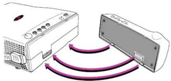 Diagram showing two devices connected by purple arrows, one with a button and the other with a display (no text or symbols present)