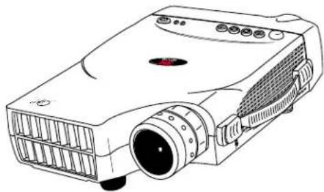 Line drawing of a projector with ventilation grilles and control panel (no text or symbols)