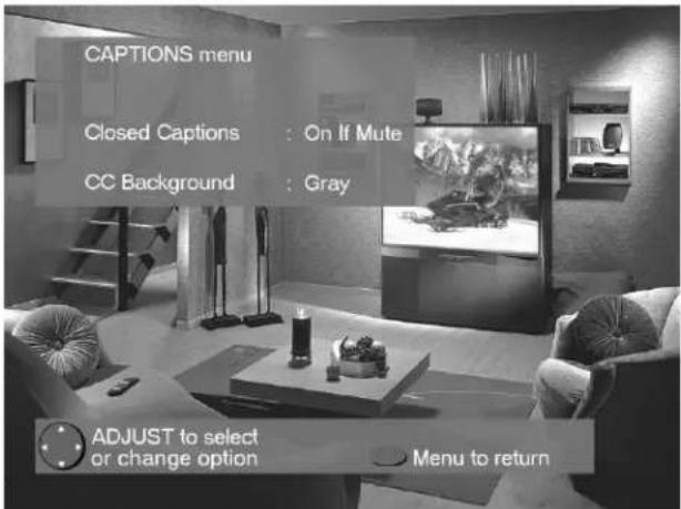 CAPTIONS menu Closed Captions : On If Mute CC Background : Gray ADJUST to select or change option Menu to return