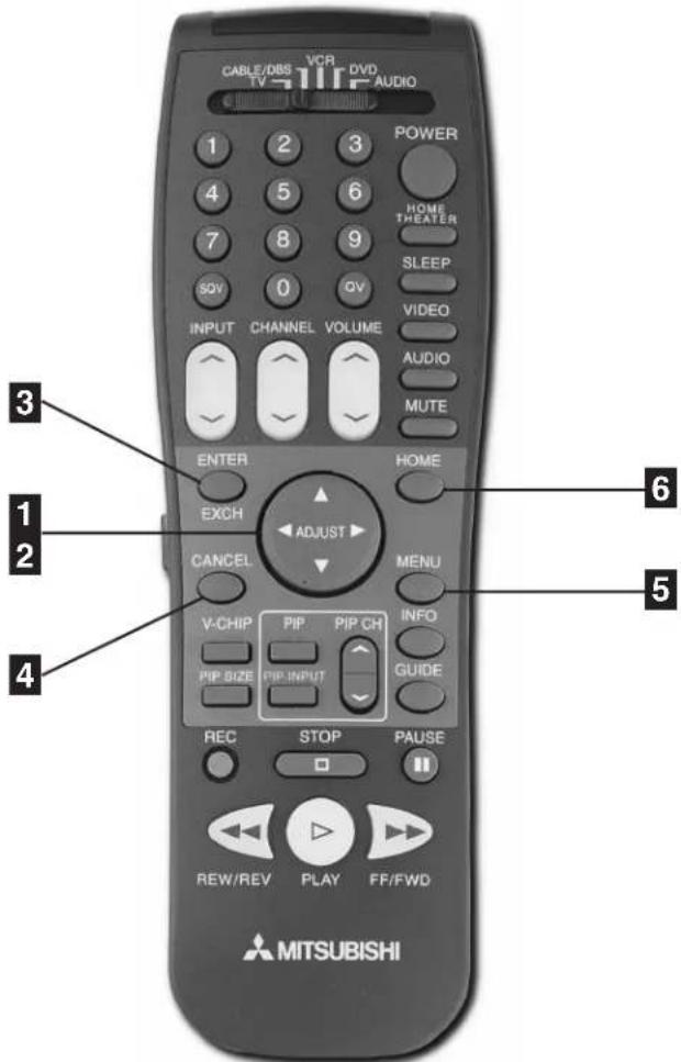 CABLE/DBS VCR DVD TV 111P AUDIO POWER HOME THEATER SLEEP VIDEO AUDIO MUTE INPUT CHANNEL VOLUME ENTER HOME EXCH ADJUST CANCEL MENU V-CHIP PIP PIP CH INFO PIP SIZE PIP INPUT GUIDE REC STOP PAUSE REW/REV PLAY FF/FWD MITSUBISHI