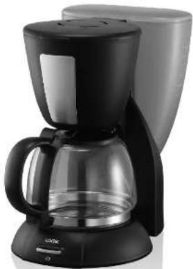 Black and white photo of a modern coffee maker with clear glass and lid (no visible text or symbols)
