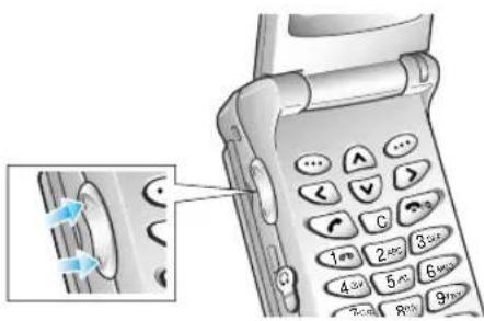 Diagram of a mobile phone with labeled buttons and a magnified view showing the left side of the main panel.