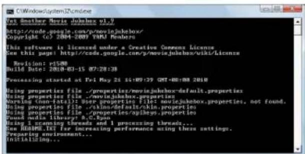 C:\Windows\system32\cmd.exe Get Another Movie jukebox v1.2 http://code.google.com/p/moviejukebox/ Copyright (G) 2004-2009 TRMD Members This software is licensed under a Creative Commons License See this page: http://code.google.com/p/moviejukebox/wiki/licenza Revision: r1500 Build Date: 2018-03-15 07:28:38 Processing started at Fri May 21 16:09:29 GMT+00:00 2018 Using properties file ./properties/moviejukebox-default.properties Using properties file ./moinjukebox.properties Noring (non-fatal): User properties file: moviejukebox.properties, not found. Using properties file ./skins/default/skin.properties Using properties file ./properties/opikeys.properties Found media library: A.G.Kym Using 1 scanning threads and 1 processing threads... Sum HUAMELik for increasing performance using these settings. Preparing environment... INITIALISING...