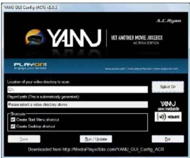 YAMU GUI Config (ACR) v1.0.3 A.C.Ryan YANU YET ANOTHER MOVIE JUKEBOX AC RAN EDITION PLAYON! engage your serverline www.appan.com | www.playon.com | www.passon.com Location of your video directory to acan: C:\. Playon path (This is automatically generated): Please select a video directory above Shortcuts ✓ Create Start Menu shortcut ✓ Create Desktop shortcut Save Run / Update Edit Downloaded from http://MediaPlayerSite.com/YAMU GUI_Config_ACR