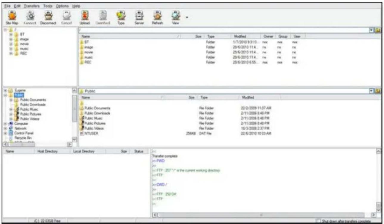 File Edit Transfers Tools Options Help Site Map Connect Disconnect Cancel Upload Download Type Server Refresh View BT image movie music REC Name Size Type Modified Owner Group User BT Folder 1/7/2010 9:31 0... max max max image Folder 28/6/2010 11.4... fx fx fx movie Folder 28/6/2010 11.4... fx fx fx music Folder 28/6/2010 11.4... fx fx fx REC Folder 28/6/2010 6:55... max max max Public Name Size Type Modified Public Documents File Folder 22/2/2009 11:07 AM Public Downloads File Folder 2/11/2006 8:48 PM Public Music File Folder 2/11/2006 8:48 PM Public Pictures File Folder 2/11/2006 8:48 PM Public Videos File Folder 18/3/2008 2:37 PM NTUSER 256KB DAT File 22/6/2010 10:03 AM Name Host Directory Local Directory Size Status Transfer complete = PWD = FTP - 257 " /" as the current working directory = FTP = CWD / = FTP - 250 OK = FTP = CWD / = FTP - 250 OK = FTP = CWD / = FTP - 250 OK = FTP = CWD / = FTP - 250 OK = FTP = CWD / = FTP - 250 OK = FTP = CWD / = FTP - 250 OK = FTP = CWD / = FTP - 250 OK = FTP
