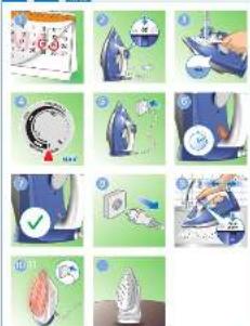Illustrated guide showing a cooking step with icons for cleaning, washing, and cleaning of food items