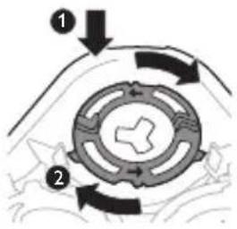 Diagram showing two circular components with directional arrows, labeled ① and ②, likely illustrating a mechanical or fluid system.