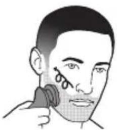 Illustration of a person using a handheld device to interact with their ear (no text or symbols present)
