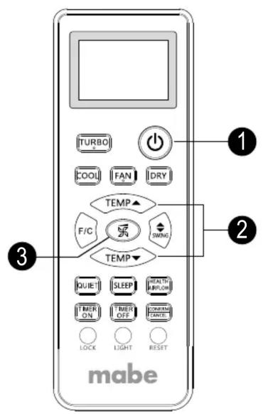 TURBO COOL FAN DRY TEMP F/C TEMP QUIET SLEEP HEALTH ON TIMER OFF COMMEN LOCK LIGHT RESET mabe