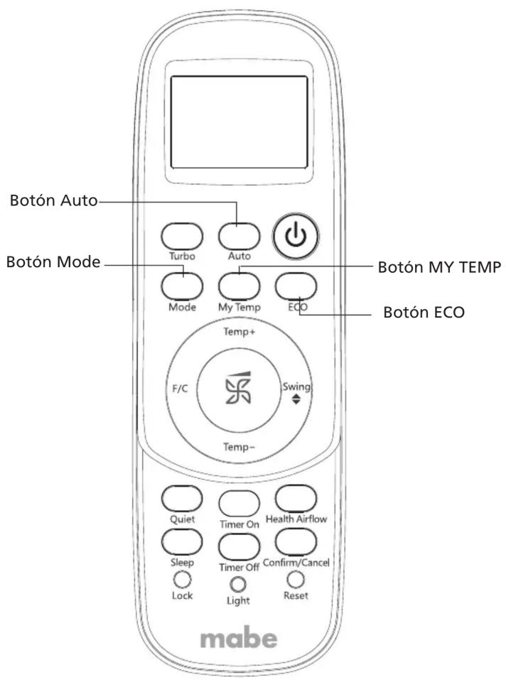 Botón Auto Botón Mode Turbo Auto Mode My Temp ECO Botón MY TEMP Botón ECO Temp+ F/C Swing Temp- Quiet Timer On Health Airflow Sleep Timer Off Confirm/Cancel Lock Light Reset mabe