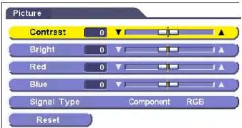 Picture Contrast 0 ▼ Bright 0 ▼ Red 0 ▼ Blue 0 ▼ Signal Type Component RGB Reset