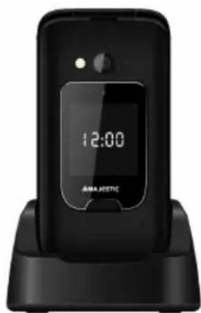 Black flip phone with digital display showing 12:00 (no visible text or symbols on device body)