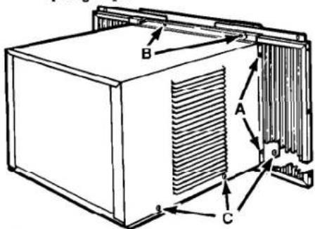 Technical diagram of an air conditioning unit with labeled components A, B, and C