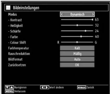 Bildeinstellungen Modus - Kontrast - Helligkeit - Schärfe - Farbe - Colour Shift Farbtemperatur Rauschreduktion Bildformat Zurücksetzen Dynamisch 63 32 24 40 G Kelt Maßig Auto OK Navigieren Wert ändern Zurück MENU Verlassen