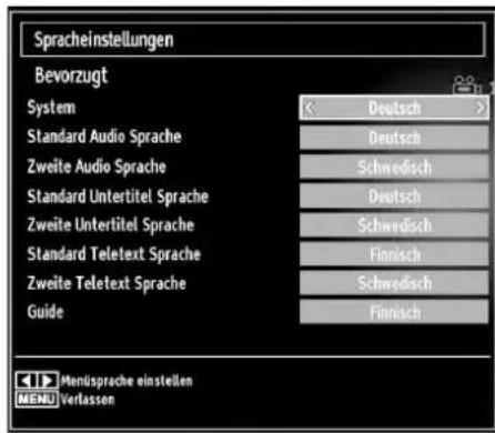 Spracheinstellungen Bevorzugt System Deutsch Standard Audio Sprache Deutsch Zweite Audio Sprache Schwedisch Standard Untertitel Sprache Deutsch Zweite Untertitel Sprache Schwedisch Standard Teletext Sprache Finnisch Zweite Teletext Sprache Schwedisch Guide Finnisch Menüsprache einstellen MENU Verlassen