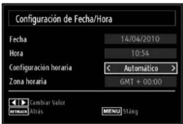 Configuración de Fecha/Hora Fecha 14/04/2010 Hora 10:54 Configuración horaria < Automático > Zona horaria GMT + 00:00 Cambiar Valor Atrás MENU Stang