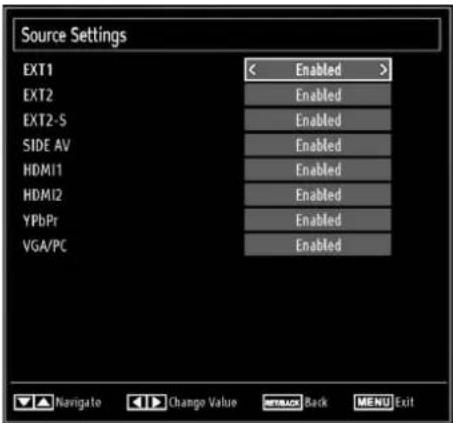 Source Settings EXT1 EXT2 EXT2-S SIDE AV HDMI1 HDMI2 YPbPr VGA/PC Enabled Enabled Enabled Enabled Enabled Enabled Navigate Change Value MTBACK Back MENU Exit