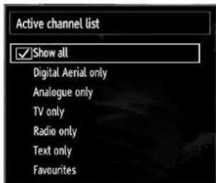 Active channel list ✓Show all Digital Aerial only Analogue only TV only Radio only Text only Favourites