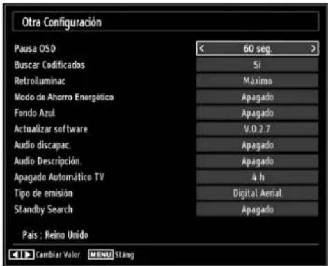 Otra Configuración Pausa OSD 60 seg > Buscar Codificados Si Retroiluminac Máximo Modo de Ahorro Energético Apagado Fondo Azul Apagado Actualizar software V.0.2.7 Audio discapac. Apagado Audio Descripción. Apagado Apagado Automático TV 4 h Tipo de emisión Digital Aerial Standby Search Apagado País : Reino Unido Cambiar Valor MENU Stang