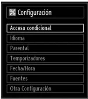 Configuración Acceso condicional Idioma Parental Temporizadores Fecha/Hora Fuentes Otra Configuración