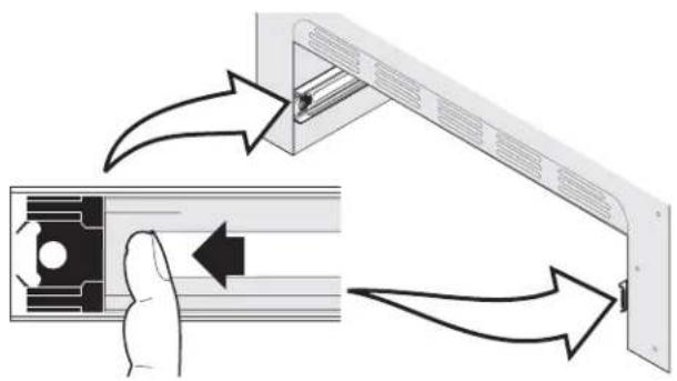 Diagram showing a hand pressing a component into a device panel, with arrows indicating process flow.