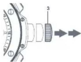 Technical diagram of a mechanical component with numbered parts and directional arrows indicating flow or movement.