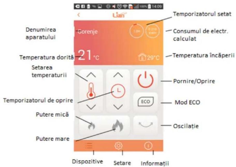 Denumirea aparatului Gorenje 1.0H 0.216 X480 Temporizatorul setat Consumul de electr. calculat Temperatura dorita 21°C 29°C Temperatura încăperii Setarea temperaturii Pornire/Oprire Temporizatorul de oprire ECO Mod ECO Putere mică Oscilație Putere mare Dispositive Setare Informații