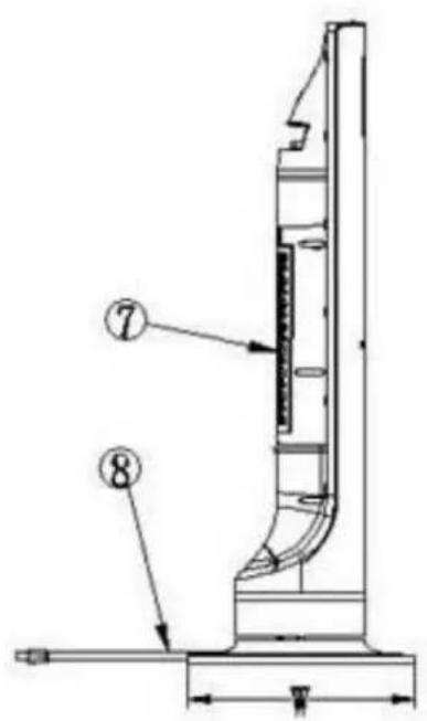 Technical diagram of a mechanical device with labeled parts 7 and 8, showing internal structure and dimension lines.